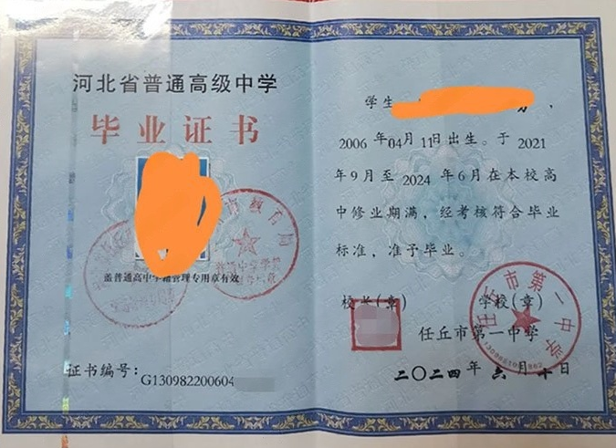 芝罘任丘市第一中学高中毕业证样本图片